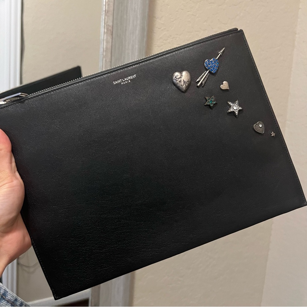 Saint Laurent Black Leather Large Clutch Charm